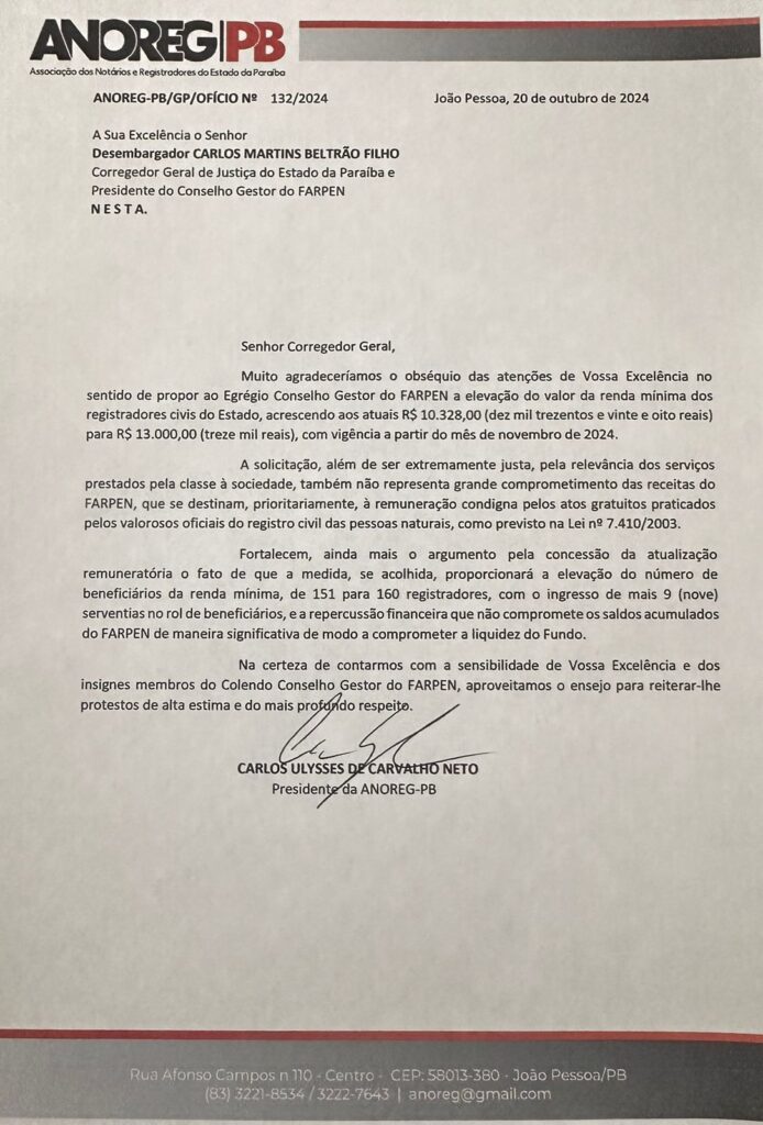 Valorização e fortalecimento dos serviços de registro civil na Paraíba: ANOREG/PB apresenta proposta ao FARPEN