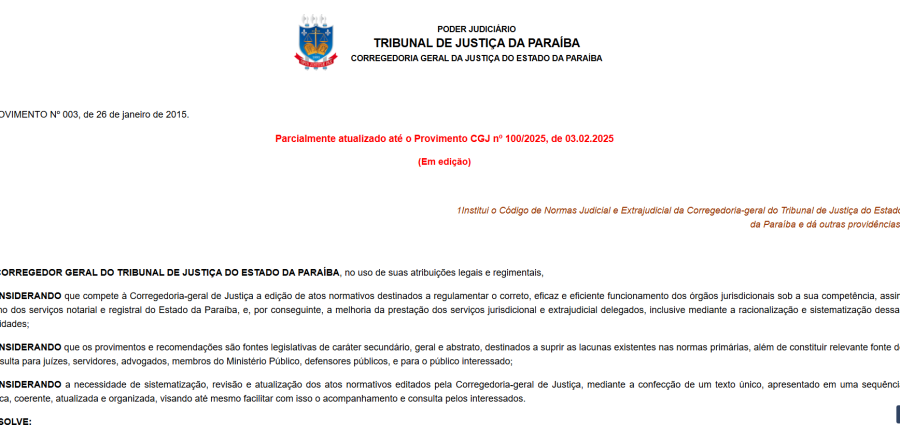 CGJ/PB publica Código de Normas Extrajudicial atualizado